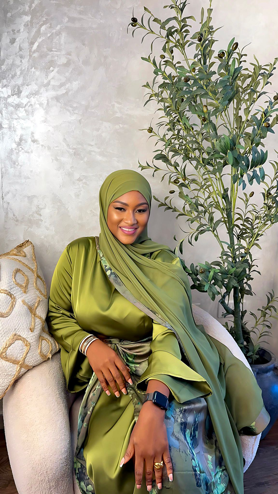 Wrap Satin Abaya In olive embrace - Back