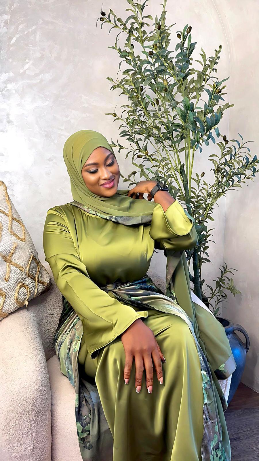 Wrap Satin Abaya In olive embrace - Side
